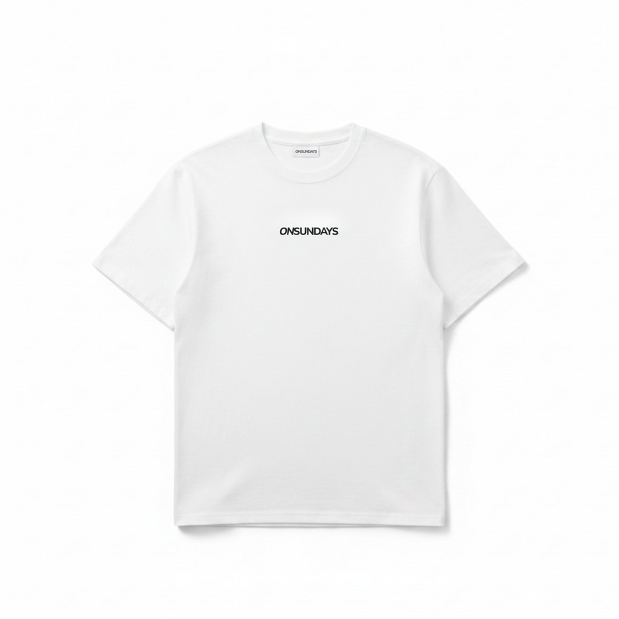 White t-shirt with 'ONSUNDAYS' logo on a white background