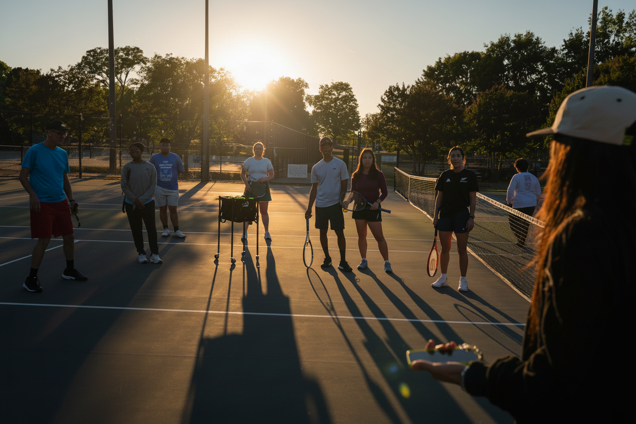 Group of people on a tennis court with an instructor, practicing tennis.